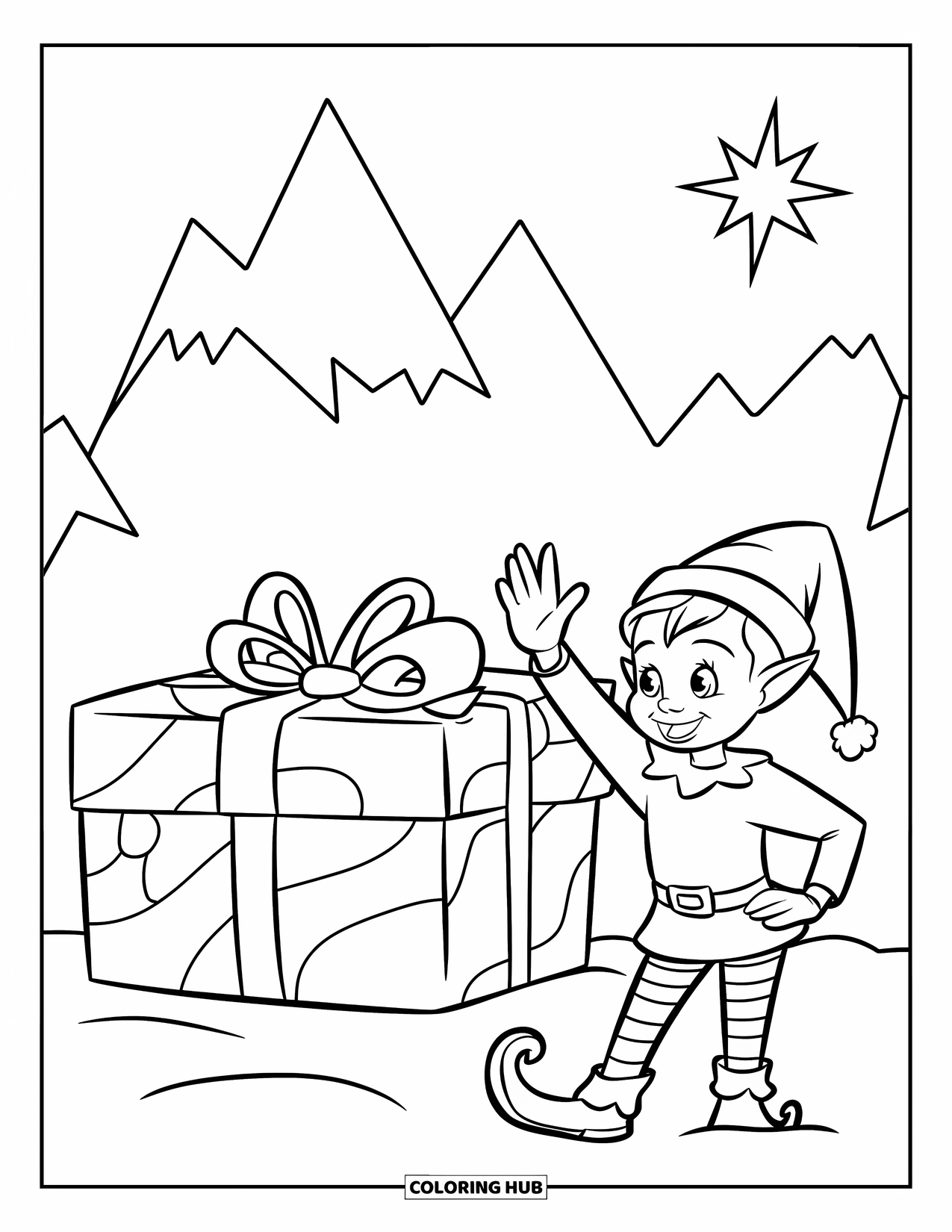 North Pole Coloring Page for Kids: A smiling elf waving near a snowy gift and mountains