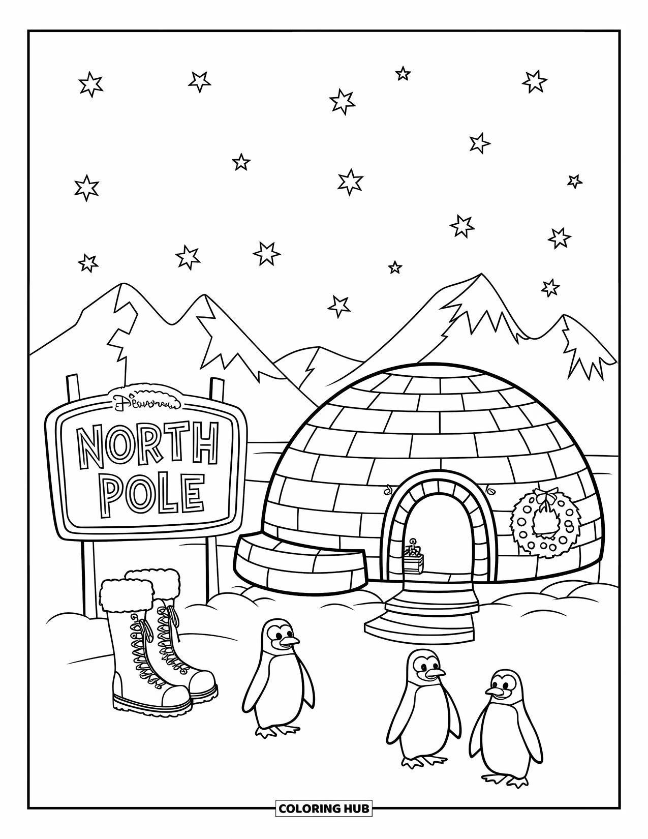 North Pole Coloring Page for Kids: A snowy igloo with penguins and a North Pole sign outside