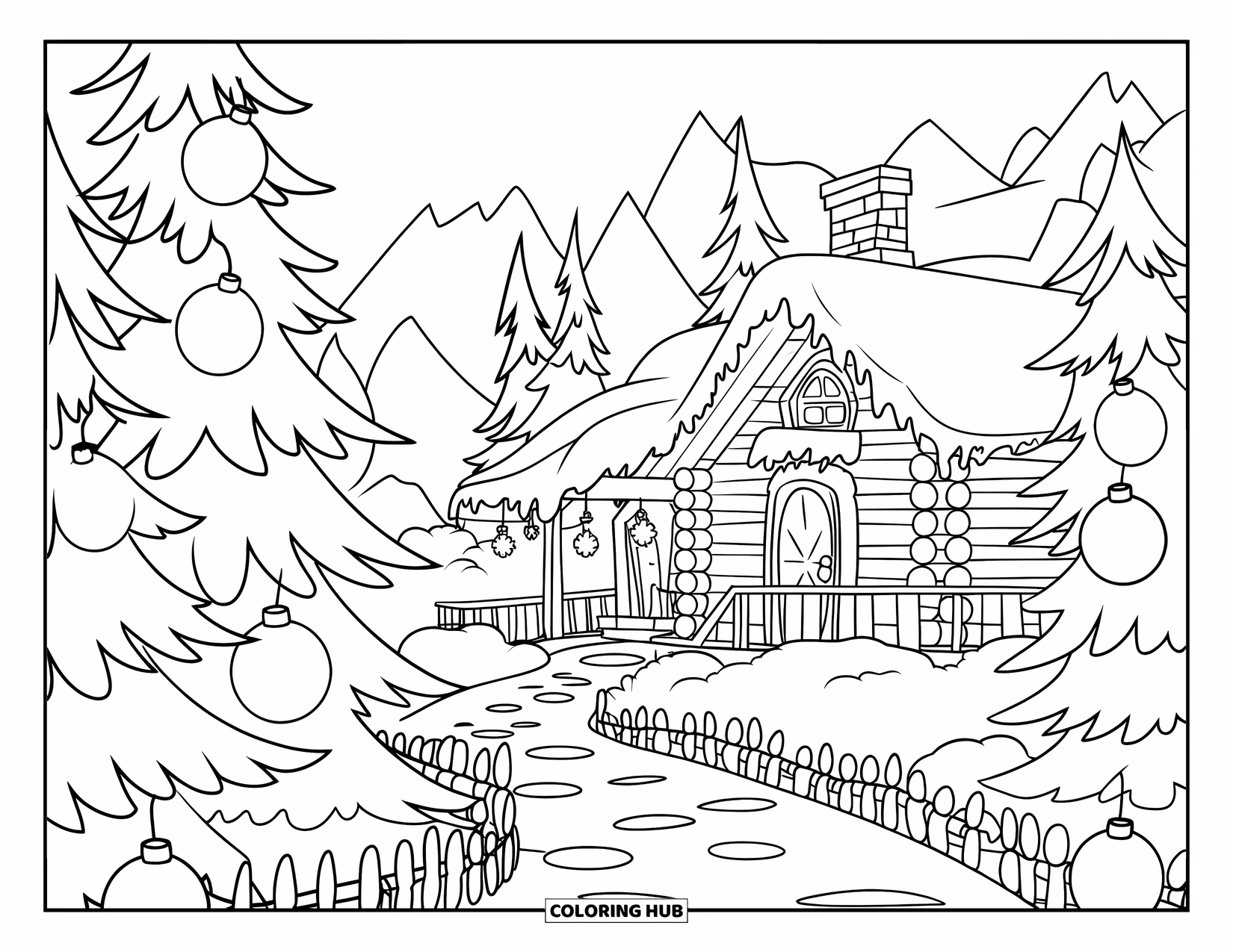 North Pole Coloring Page for Kids: A snowy trail of pine trees leading to Santa's cozy log cabin