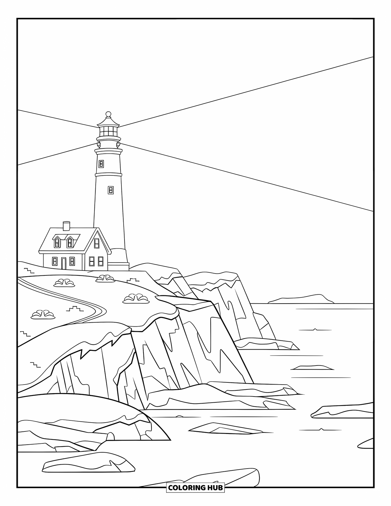 North Pole Coloring Page for Kids: A tall North Pole lighthouse glowing above snowy cliffs and frozen seas