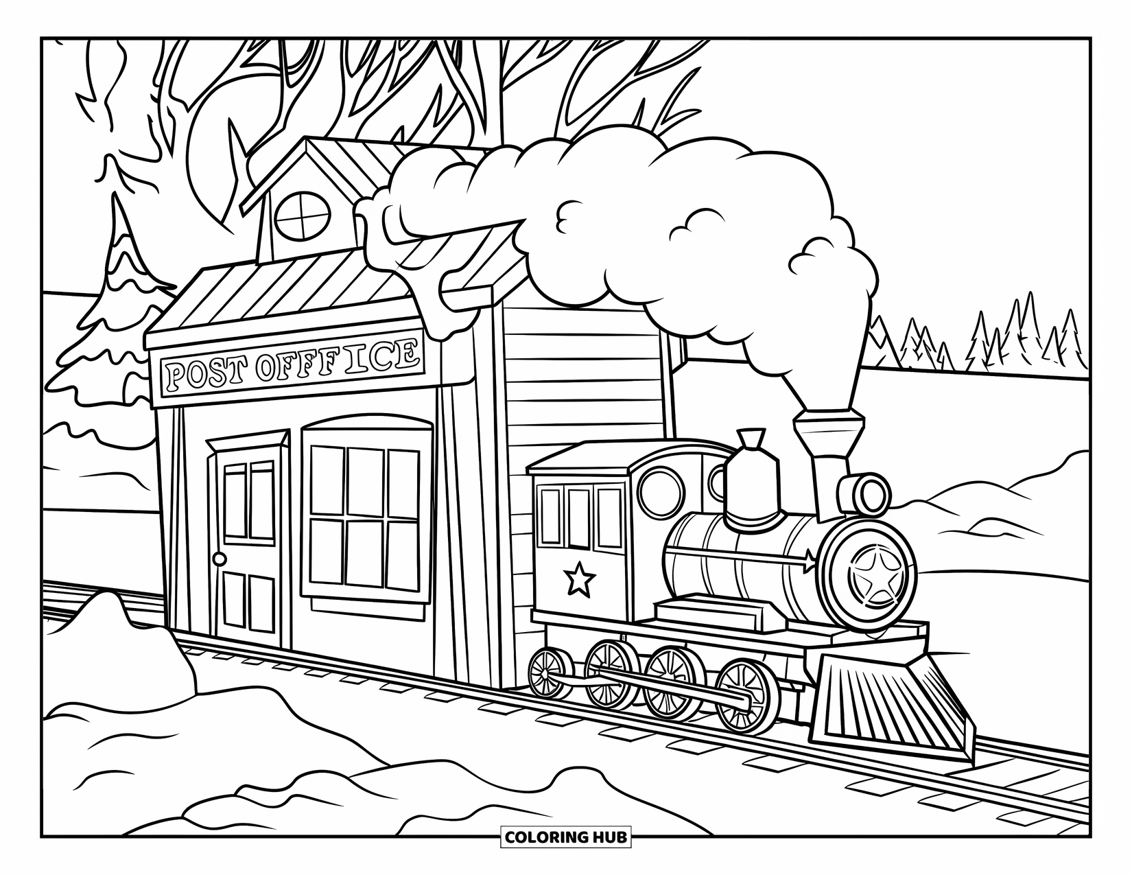 North Pole Coloring Page for Kids: A toy train decorated with ornaments passing the snowy post office