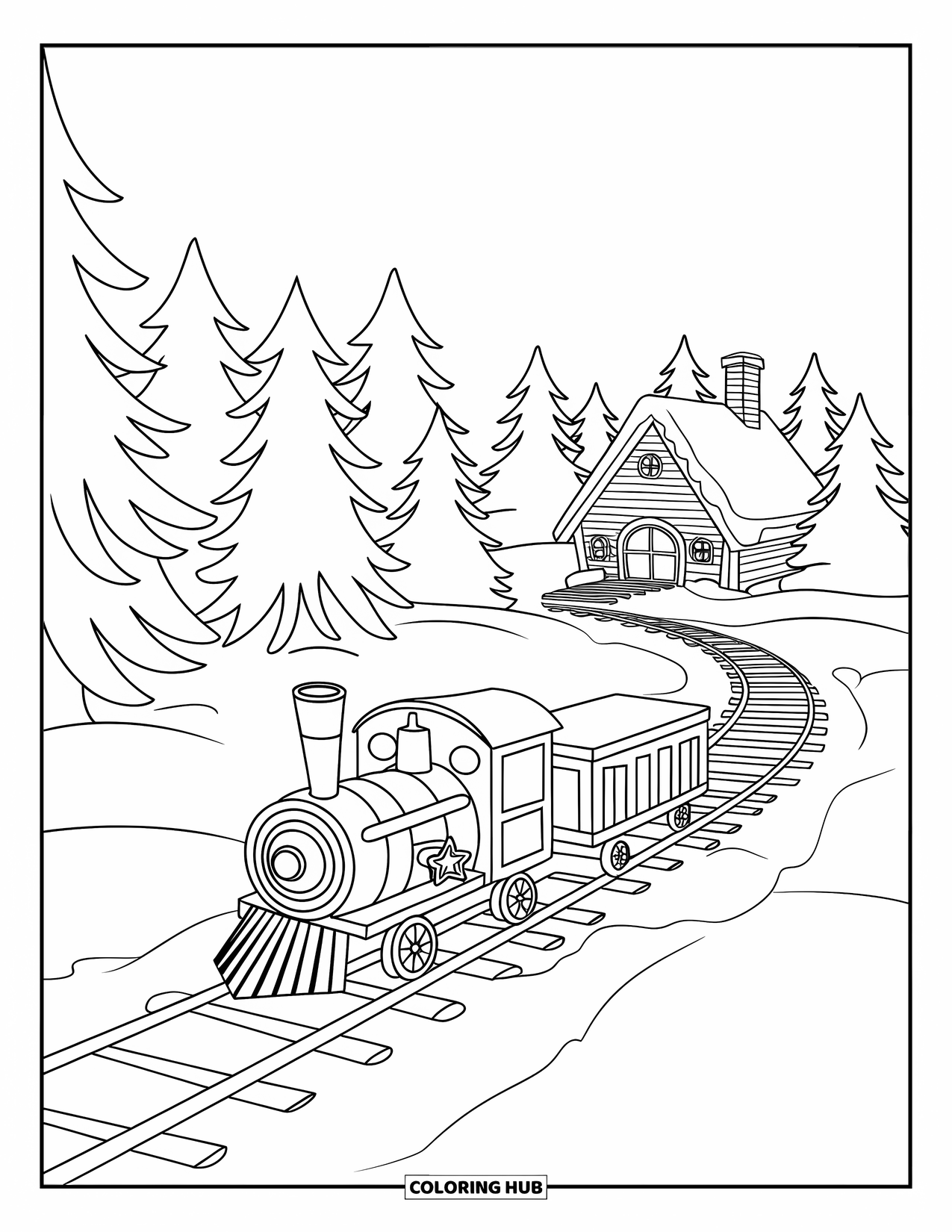 North Pole Coloring Page for Kids: A toy train traveling on a snowy path to Santa's workshop