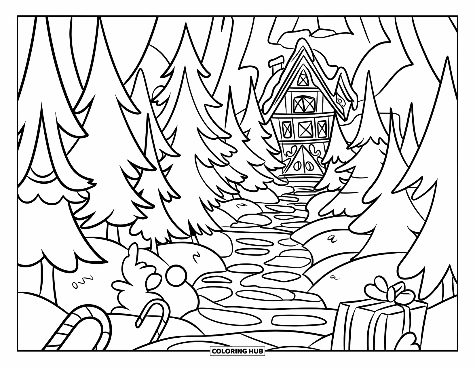 North Pole Coloring Page for Kids: A winding trail with pine trees, candy canes, and Santa's warm cabin