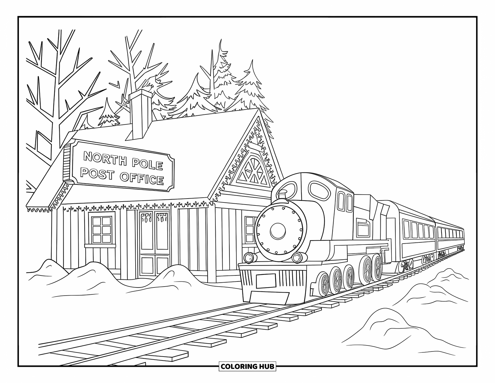 North Pole Coloring Page for Kids: A wooden toy train passing a snowy post office with snow piles