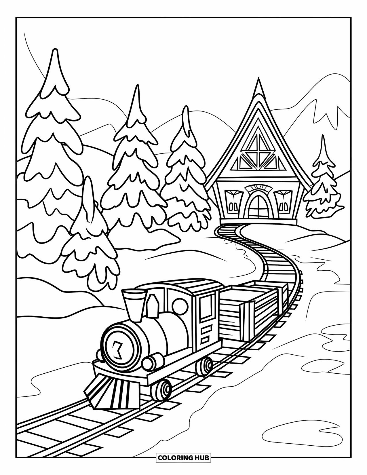 North Pole Coloring Page for Kids: A wooden toy train traveling through snow toward Santa's workshop