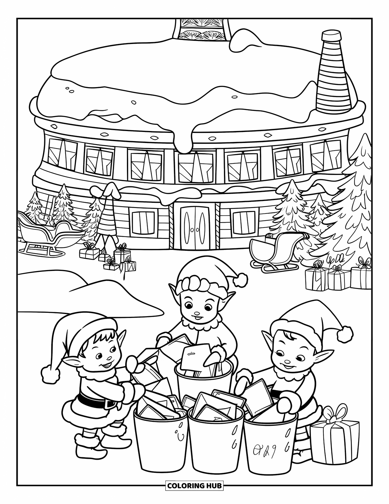 North Pole Coloring Page for Kids: Elves busily sorting mail outside a round North Pole post office