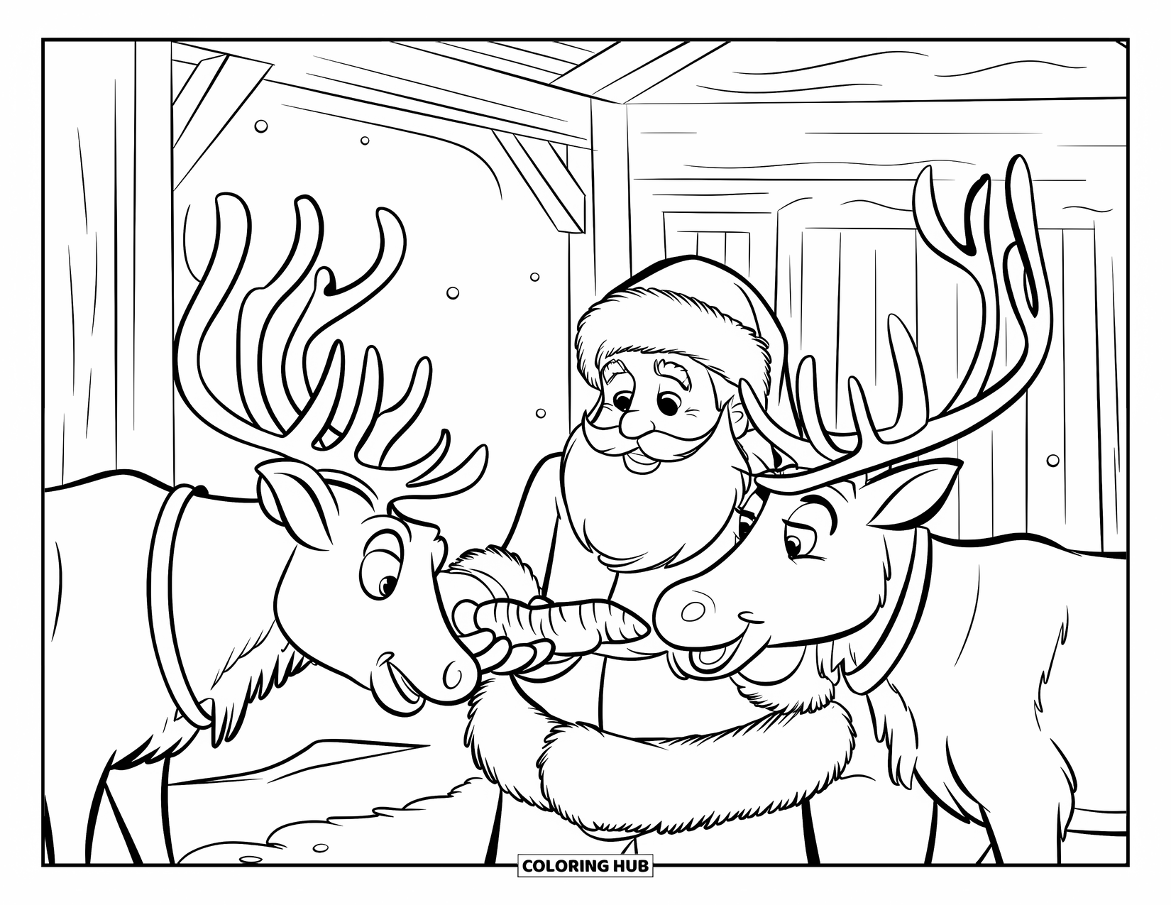 North Pole Coloring Page for Kids: Santa feeding carrots to his reindeer at snowy North Pole stables