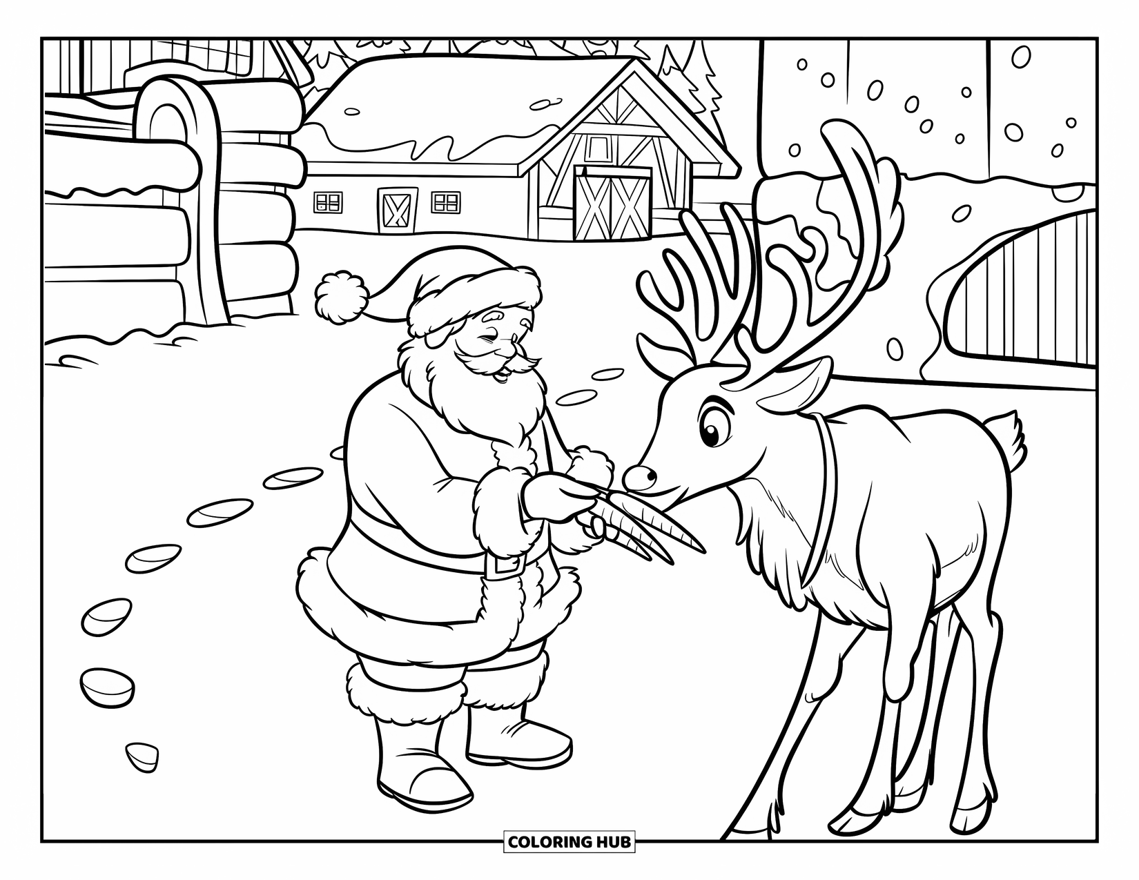 North Pole Coloring Page for Kids: Santa offering carrots to his reindeer at a snowy North Pole barn