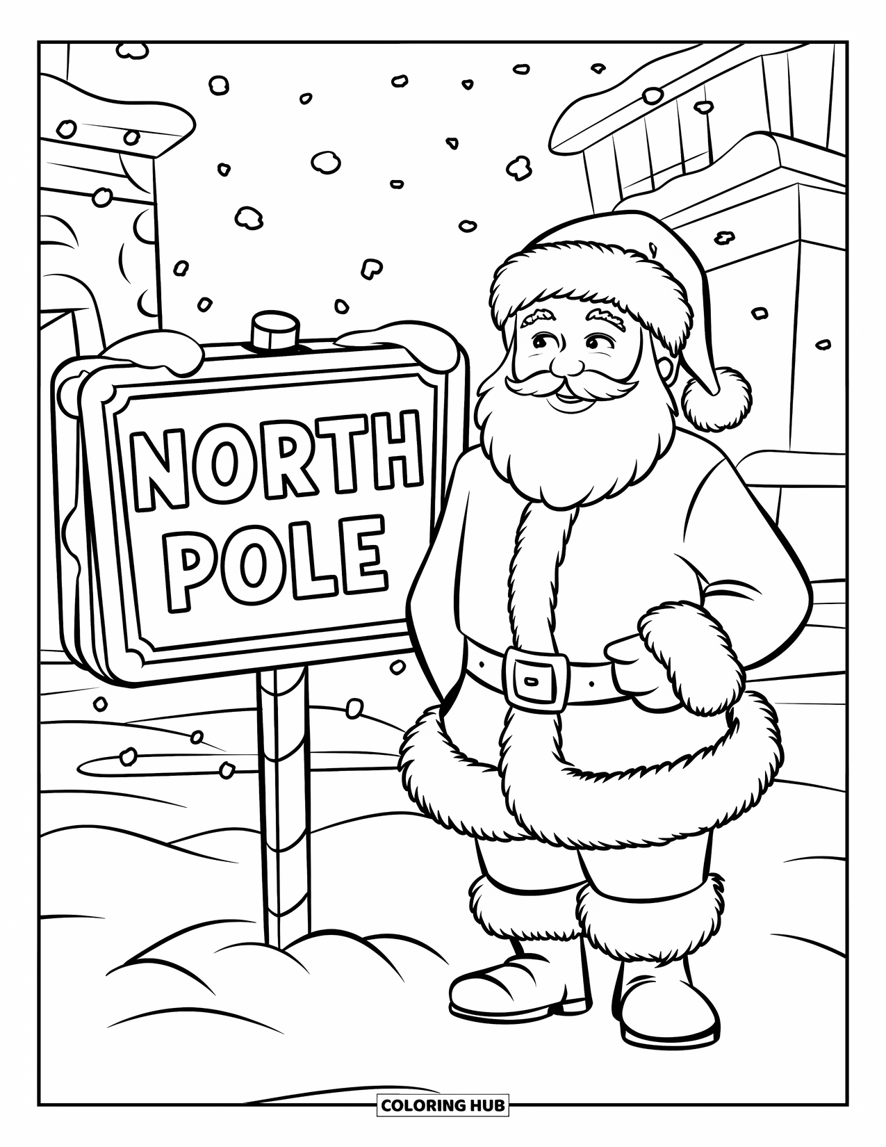 North Pole Coloring Page for Kids: Santa smiling beside a "North Pole" sign with snow falling