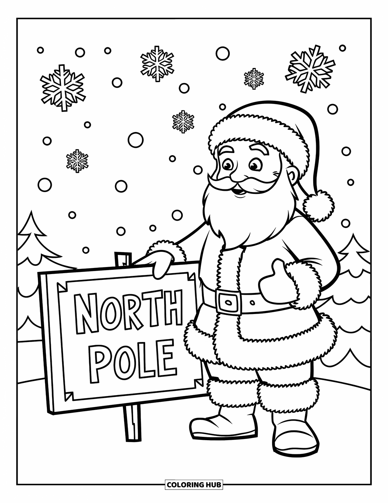 North Pole Coloring Page for Kids: Santa standing near a snowy North Pole sign in winter