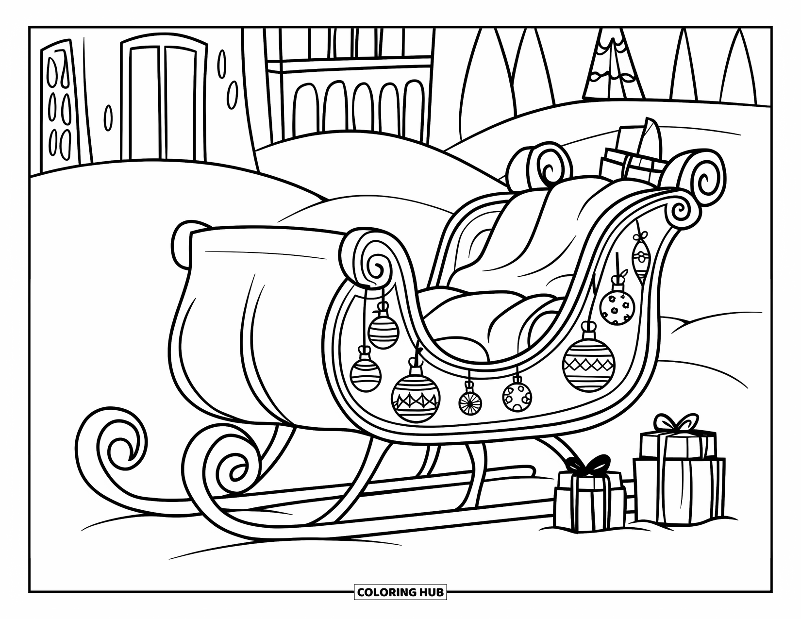 North Pole Coloring Page for Kids: Santa's ornamented sleigh resting with gifts in the snowy village