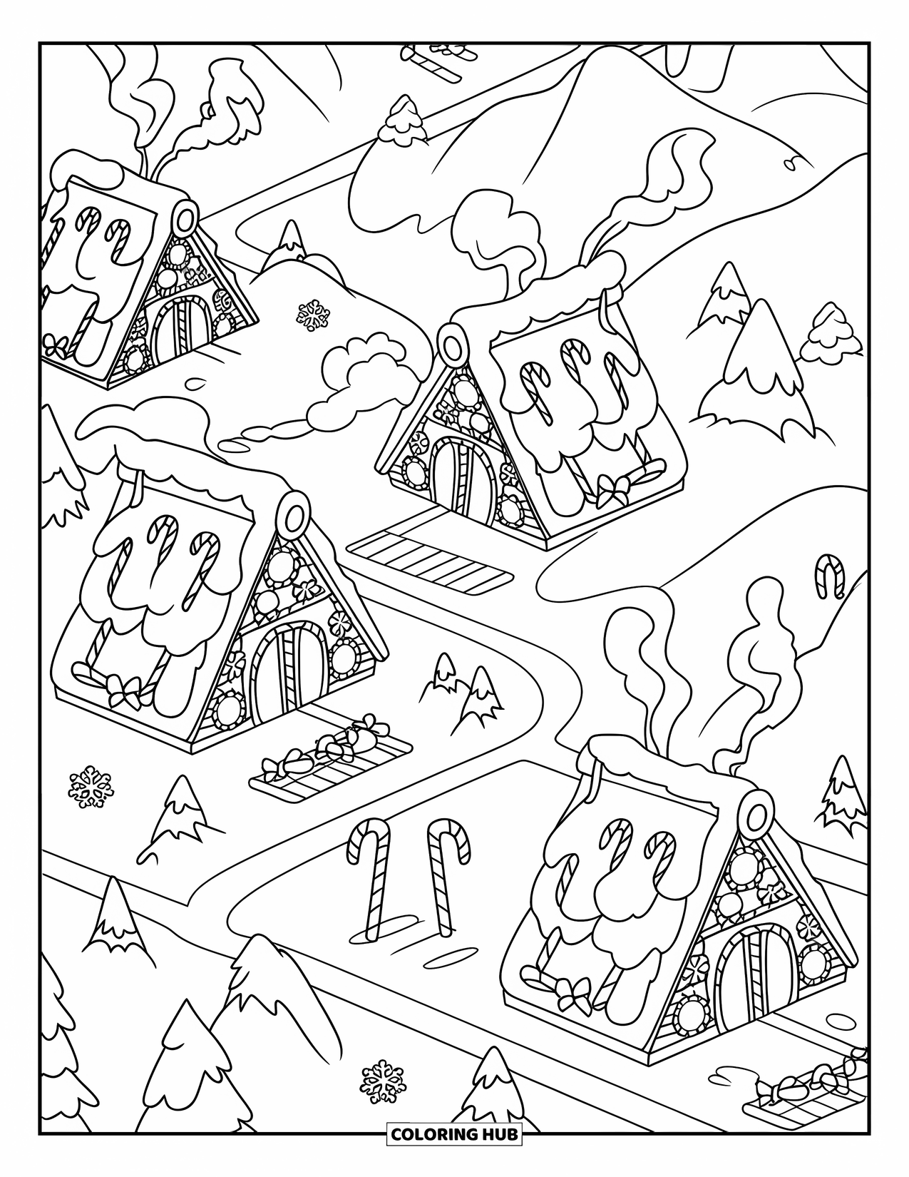 North Pole Coloring Page for Kids: Snowy candy cane houses with winding trails and snowy hills
