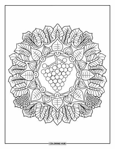 Nutrition Coloring Page for Adults: A circular leaf mandala surrounds a juicy bunch of grapes