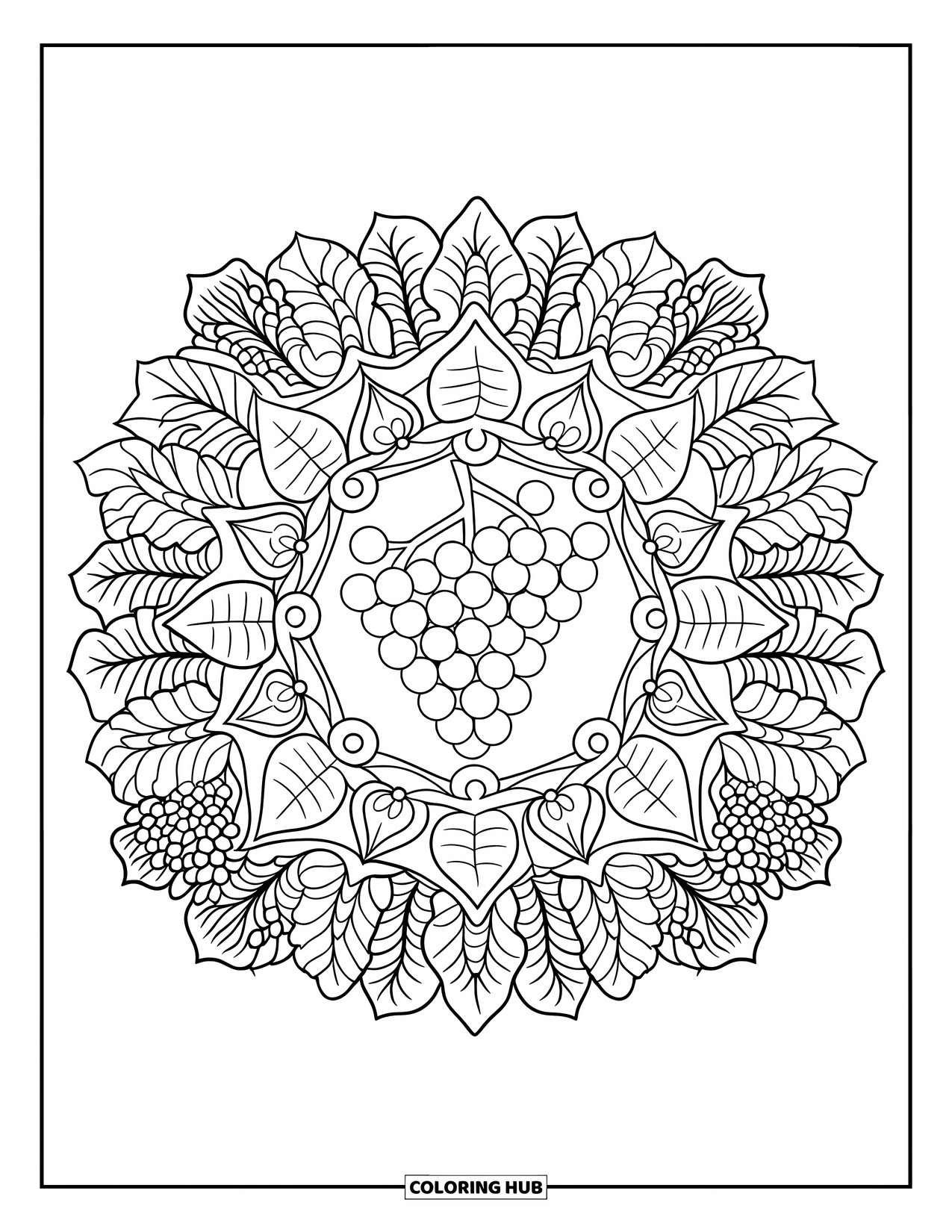 Nutrition Coloring Page for Adults: A circular leaf mandala surrounds a juicy bunch of grapes