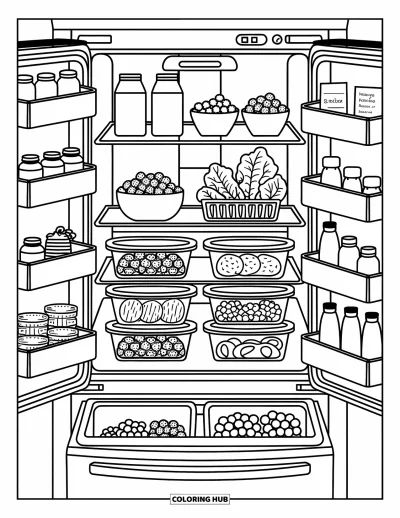 Nutrition Coloring Page for Adults: A cute fridge holds rows of healthy foods and sweet little condiment jars