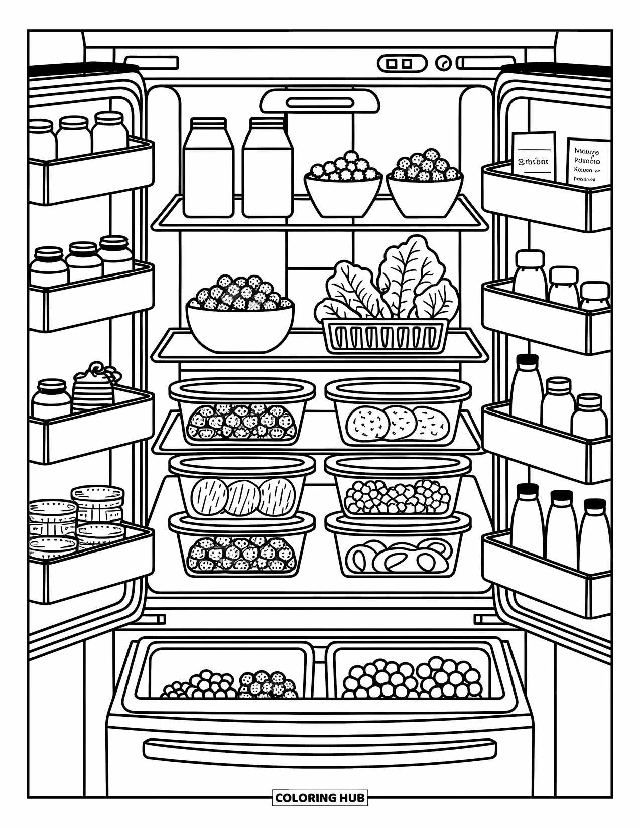 Nutrition Coloring Page for Adults: A cute fridge holds rows of healthy foods and sweet little condiment jars