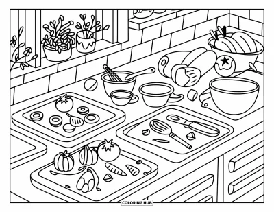 Nutrition Coloring Page for Adults: A cute kitchen counter with veggies, tools, and a tiny tomato timer is ready to cook
