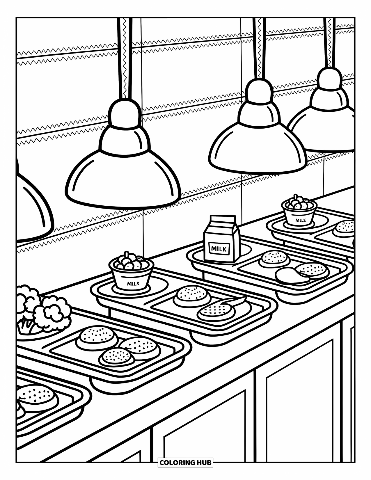 Nutrition Coloring Page for Adults: A cute school lunch line serves up healthy meals with warm lights above