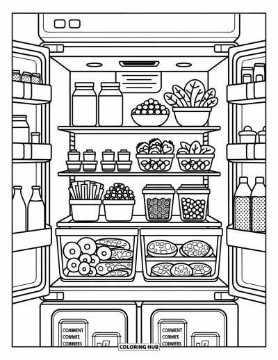 Nutrition Coloring Page for Adults: A fridge is packed with fresh foods, colorful berries, and labeled containers