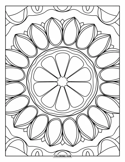 Nutrition Coloring Page for Adults: A juicy citrus cross-section is wrapped in a circle of leaf designs