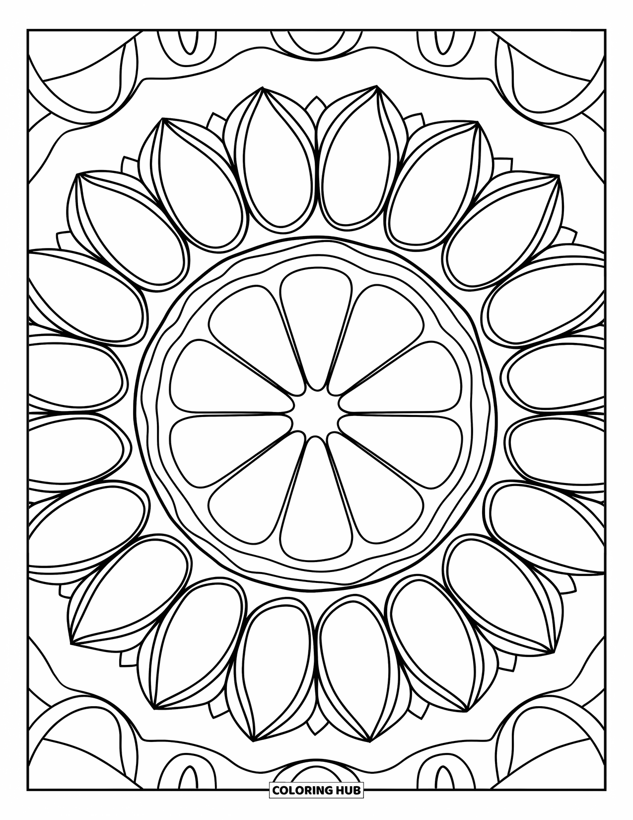 Nutrition Coloring Page for Adults: A juicy citrus cross-section is wrapped in a circle of leaf designs