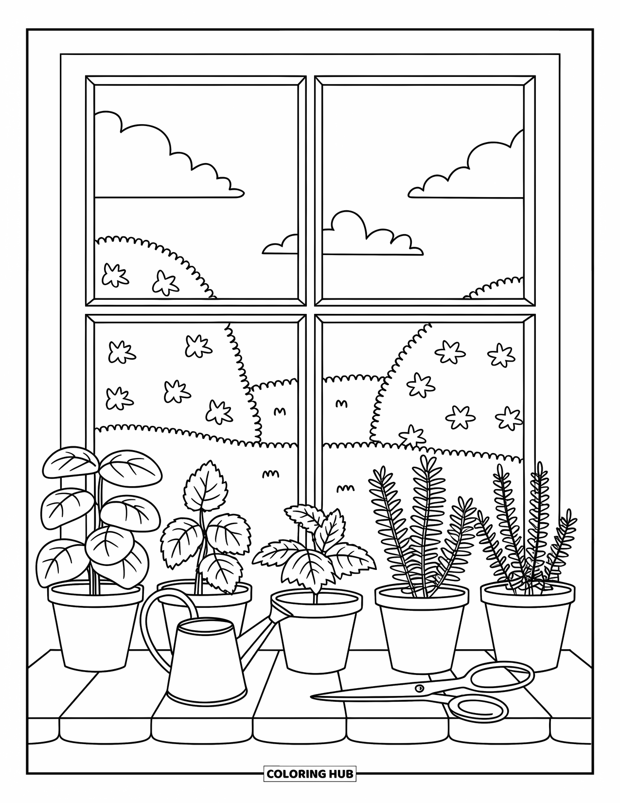 Nutrition Coloring Page for Adults: A sunny window frames cute little herb pots and a mini watering can