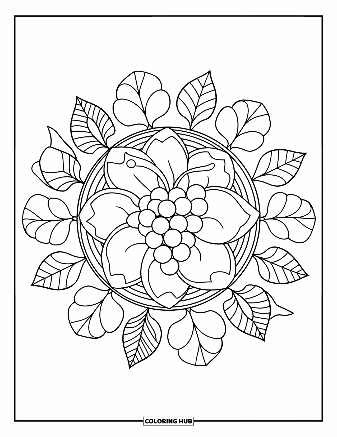Nutrition Coloring Page for Adults: A symmetrical grape and leaf mandala grows outward in delicate layers