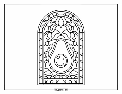 Nutrition Coloring Page for Adults: An avocado half sits at the center of a stained-glass window design