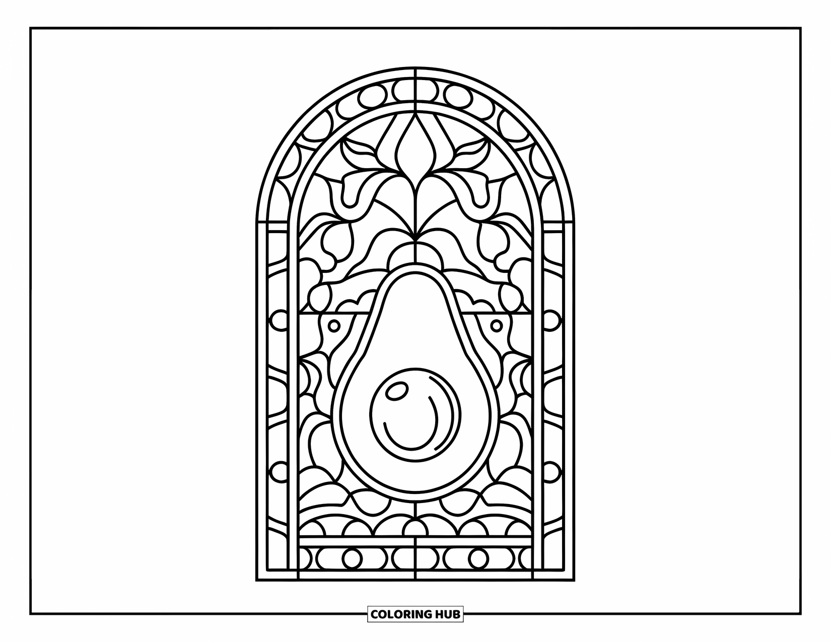 Nutrition Coloring Page for Adults: An avocado half sits at the center of a stained-glass window design
