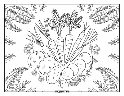 Nutrition Coloring Page for Adults: Carrots and beets form a circle surrounded by swirling ferns and flowers