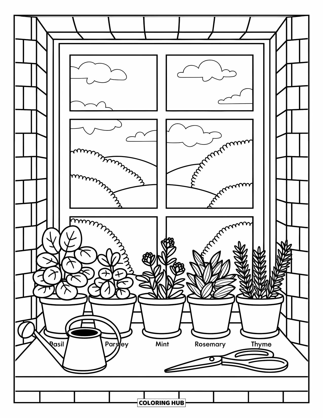 Nutrition Coloring Page for Adults: Herbs like basil and mint grow happily on a windowsill with cozy kitchen charm