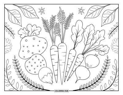 Nutrition Coloring Page for Adults: Root vegetables and ferns are arranged in a pretty circular pattern