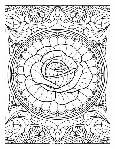 Nutrition Coloring Page for Adults: Stained-glass petals frame a big cabbage head with fine details
