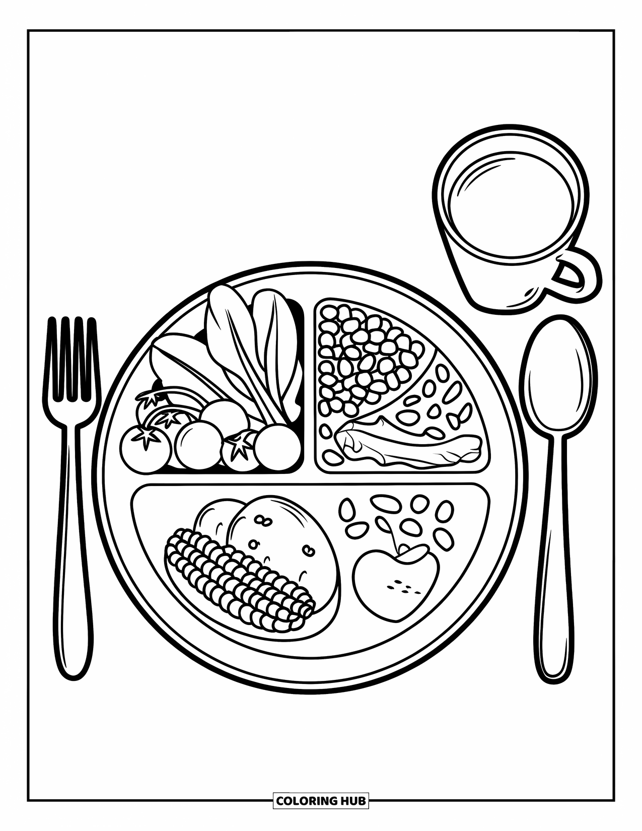 Nutrition Coloring Page for Kids: A balanced meal of veggies, grains, and milk sits ready to enjoy