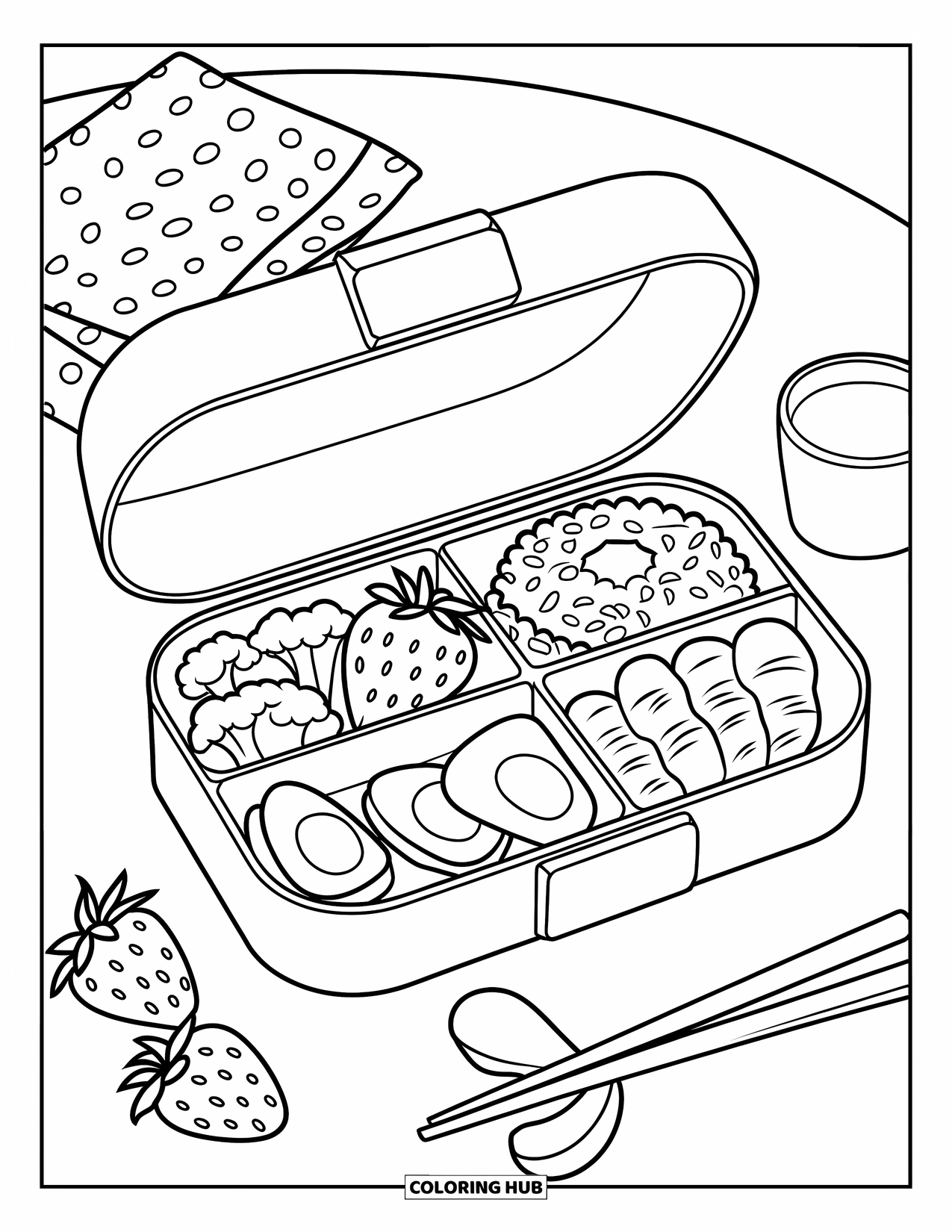 Nutrition Coloring Page for Kids: A bento box is filled with fruit, rice, veggies, and grilled chicken