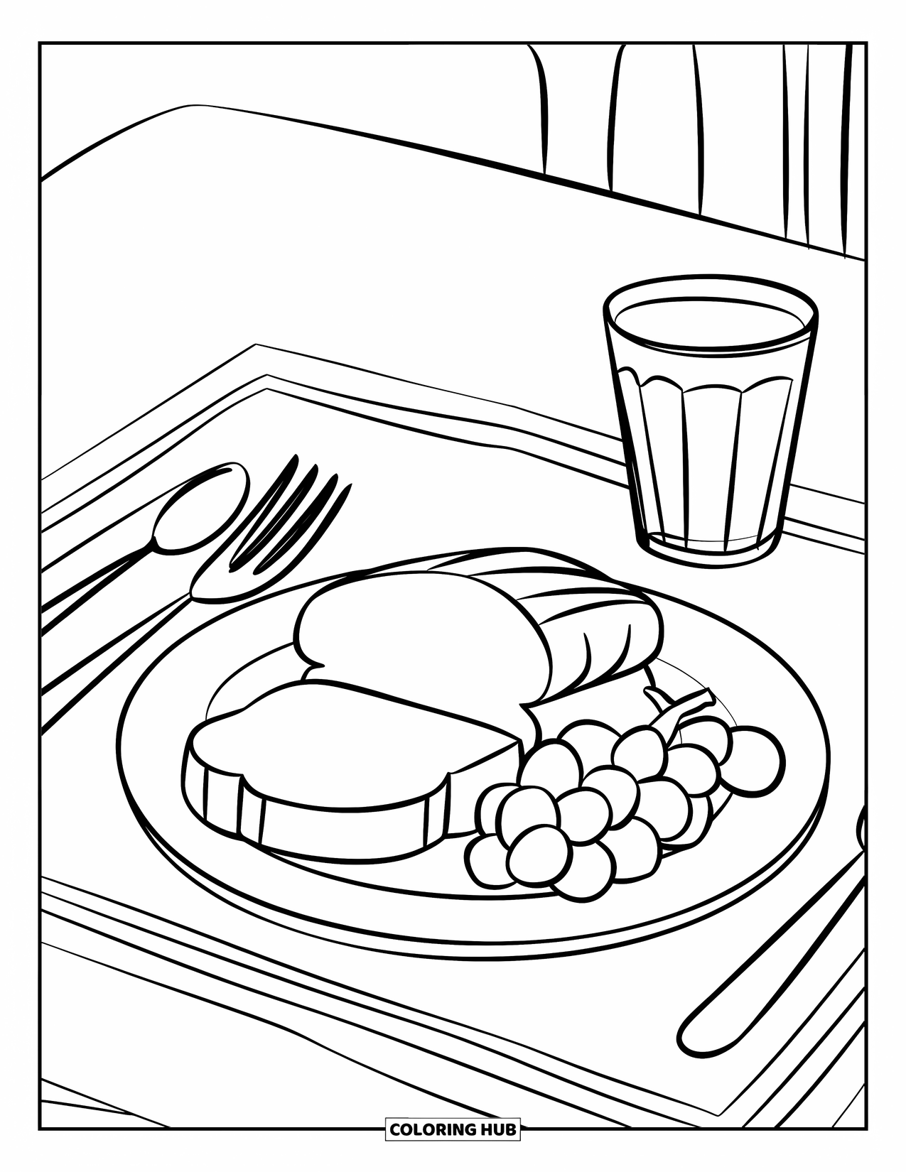 Nutrition Coloring Page for Kids: A cozy plate has grapes, toast, and a glass of milk beside it