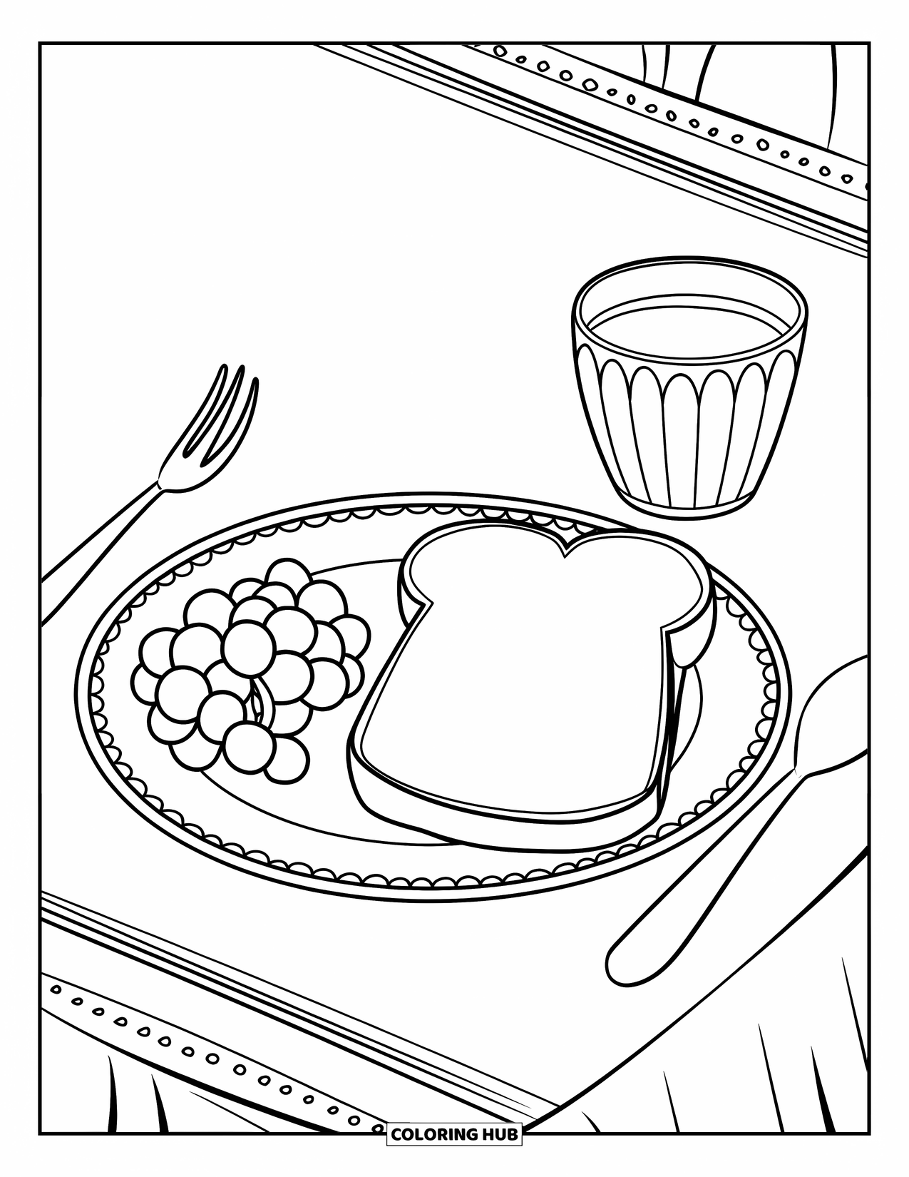 Nutrition Coloring Page for Kids: A dinner plate holds bread, grapes, and a cup of milk
