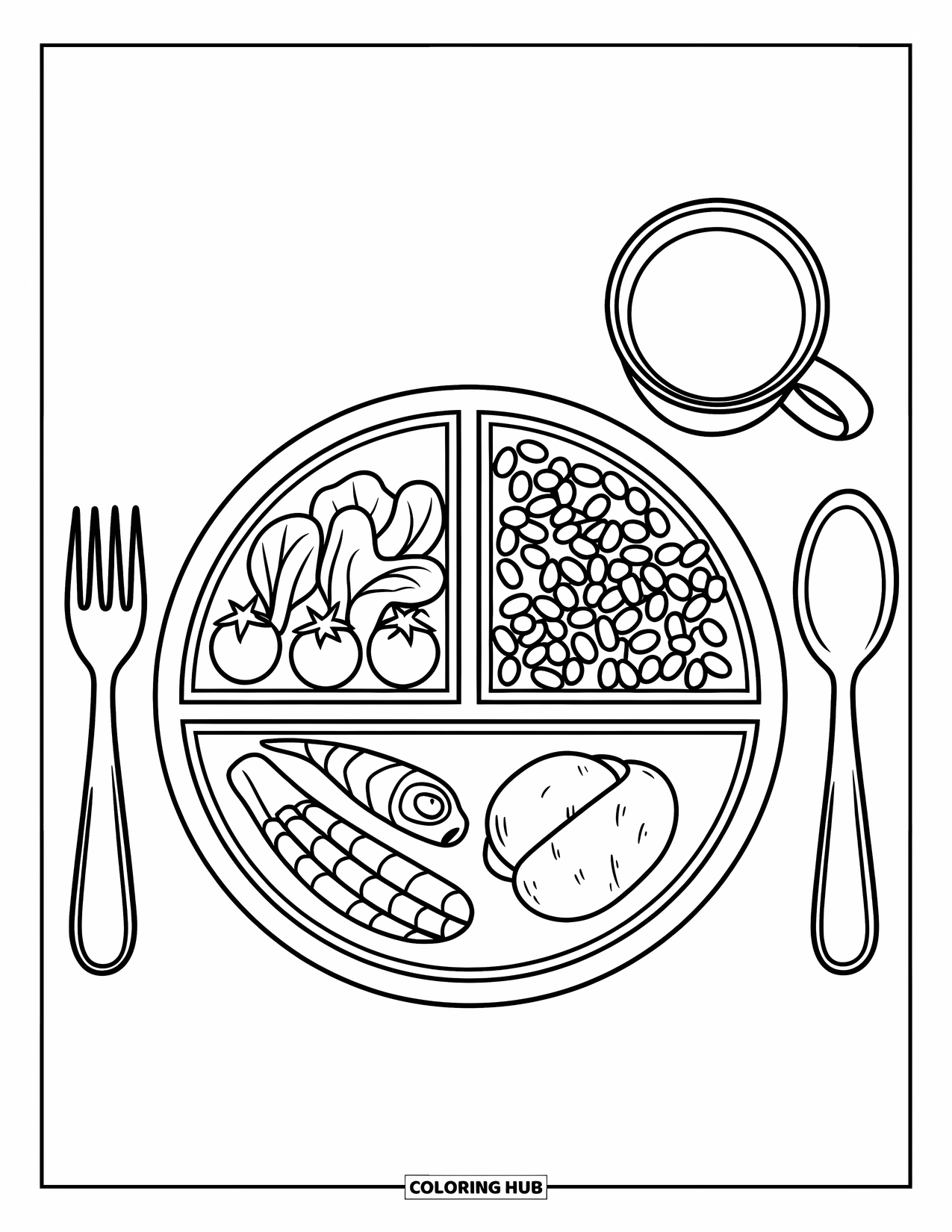 Nutrition Coloring Page for Kids: A dinner plate is filled with greens, beans, protein, and a glass of milk