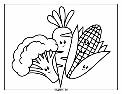 Nutrition Coloring Page for Kids: A happy trio of veggiesócarrot, broccoli, and cornówait to be colored