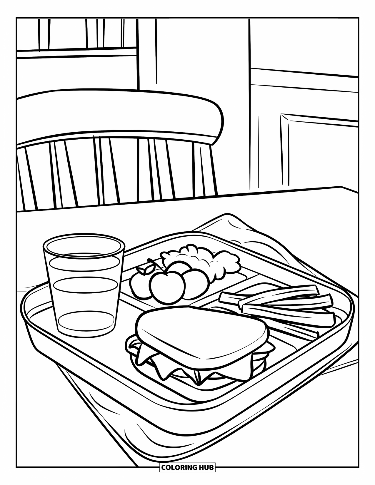 Nutrition Coloring Page for Kids: A lunch tray holds a sandwich, fruit, veggies, and water