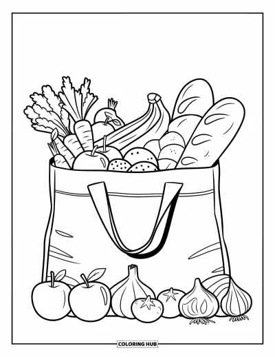 Nutrition Coloring Page for Kids: A market bag is filled with colorful fruits and fresh vegetables