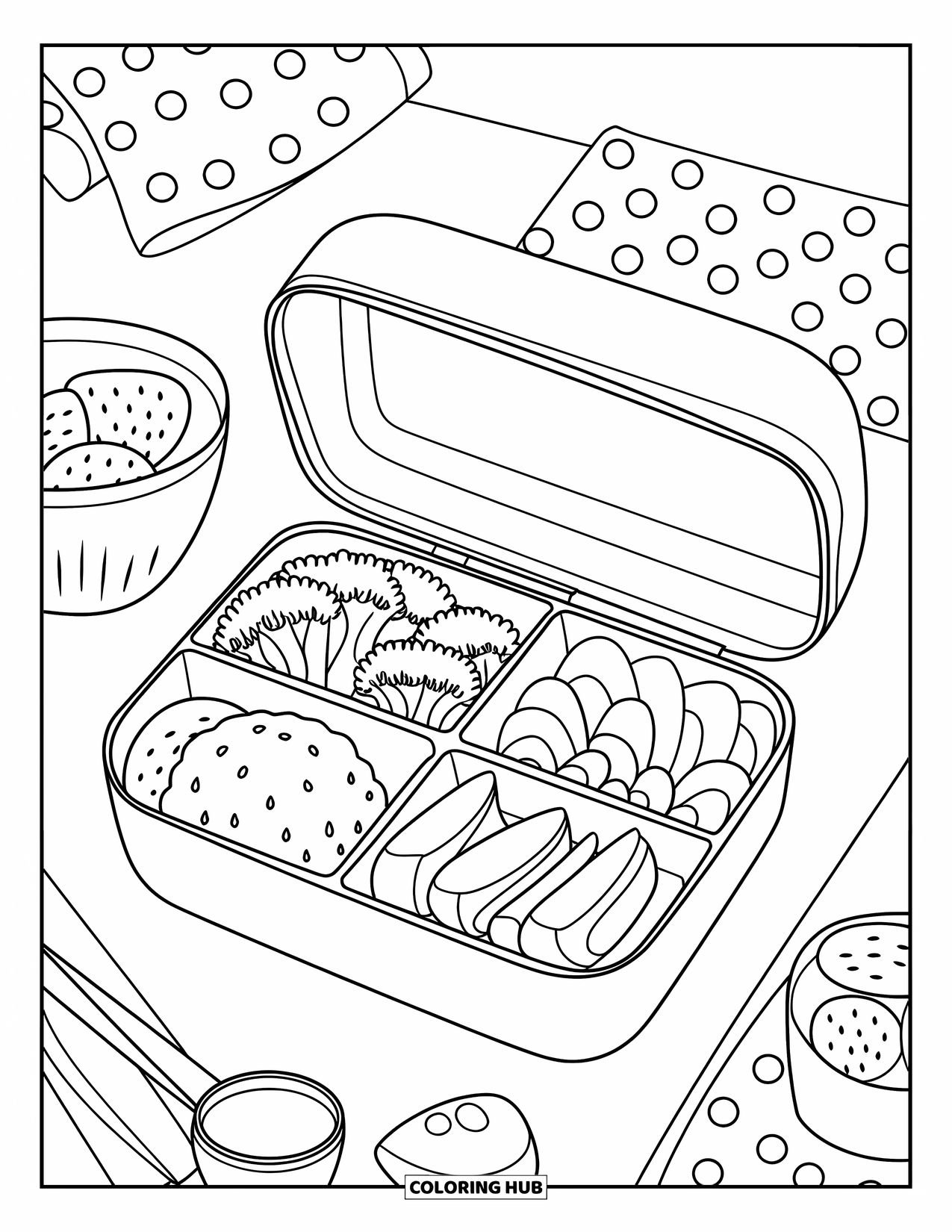 Nutrition Coloring Page for Kids: A neat bento lunch with berries, rice, and veggies sits on a table