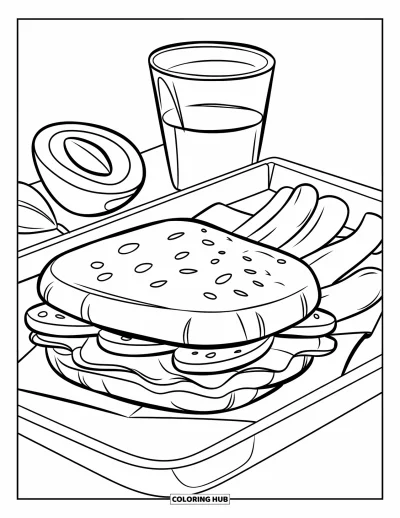 Nutrition Coloring Page for Kids: A sandwich lunch tray sits on the table ready to be eaten
