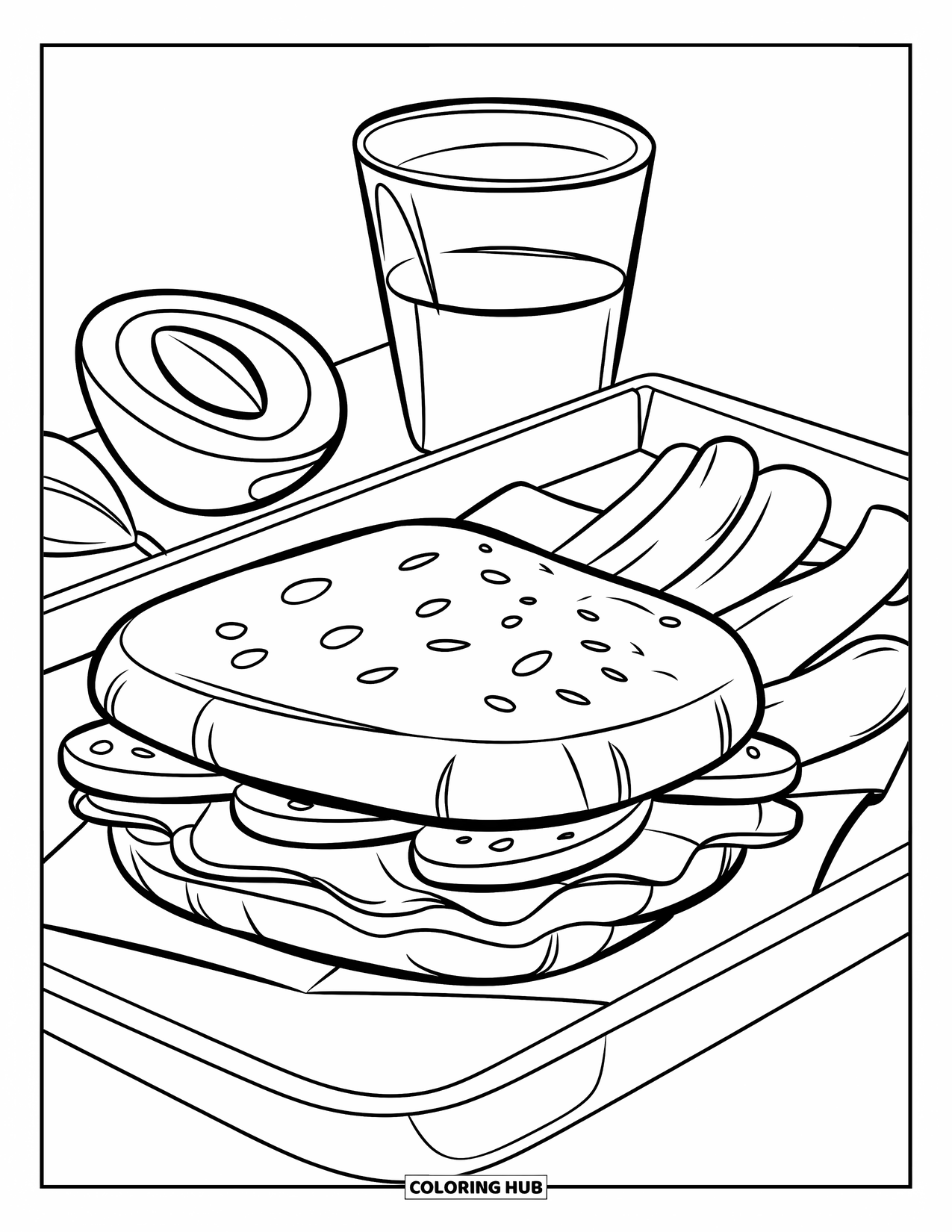 Nutrition Coloring Page for Kids: A sandwich lunch tray sits on the table ready to be eaten