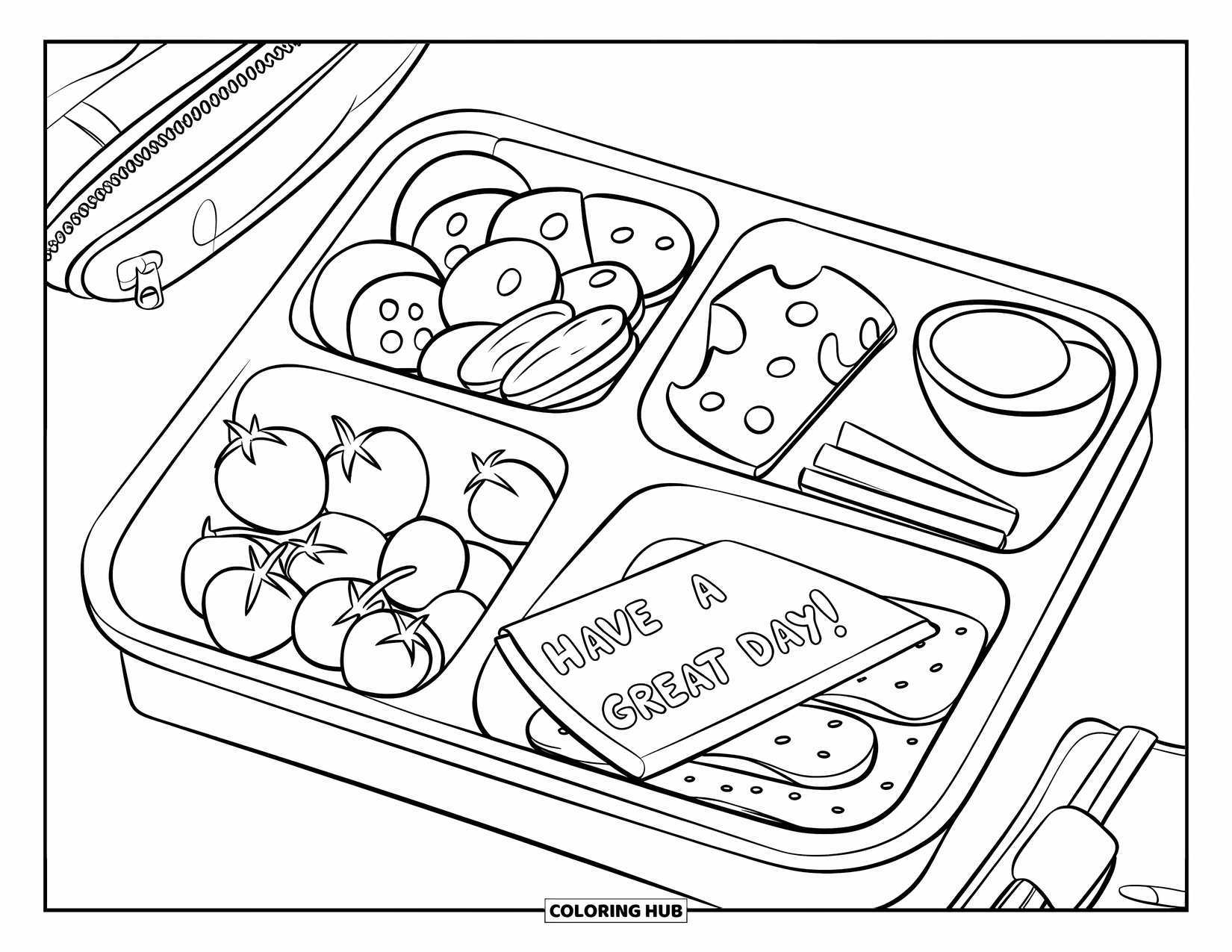 Nutrition Coloring Page for Kids: A school snack tray with veggies, cheese, and a sweet lunch note sits nearby