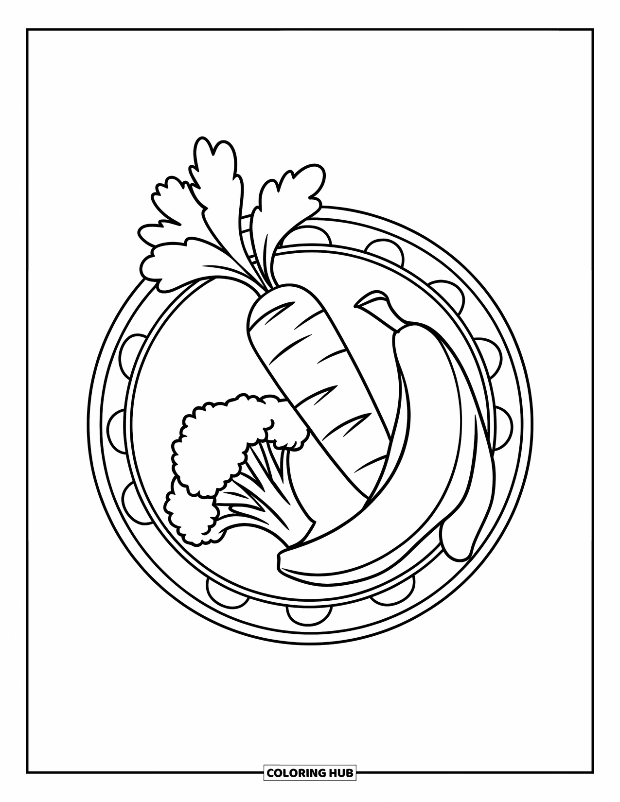 Nutrition Coloring Page for Kids: A smiling carrot, banana, and broccoli bring fun to the lunch plate