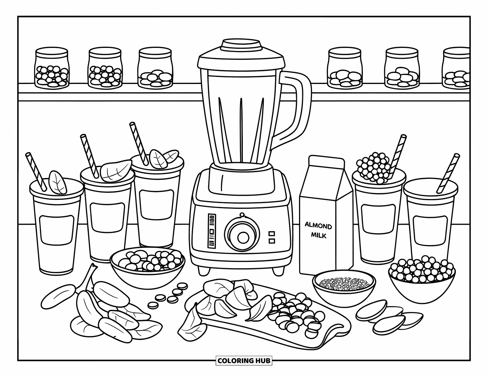 Nutrition Coloring Page for Kids: Fruits, greens, and a blender sit on the counter for smoothie fun