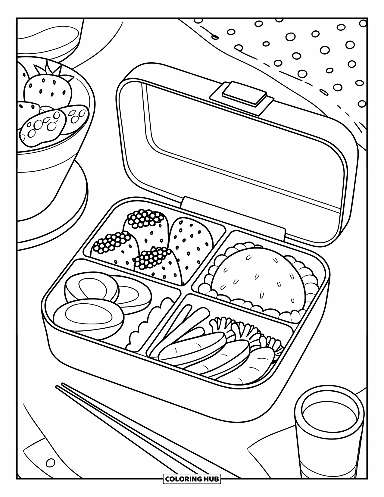 Nutrition Coloring Page for Kids: Healthy bites fill a bento box with chopsticks and a napkin nearby