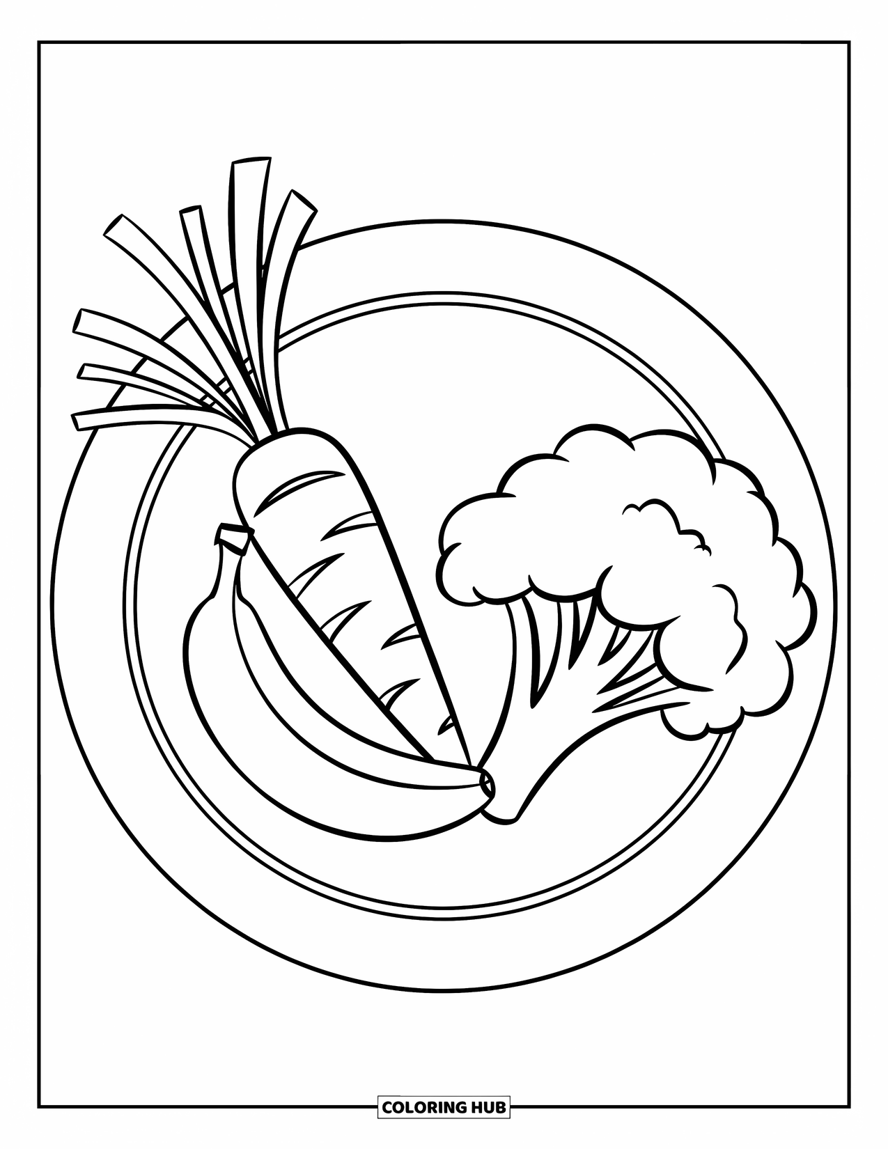 Nutrition Coloring Page for Kids: Healthy bites like banana and carrot sit on a round plate