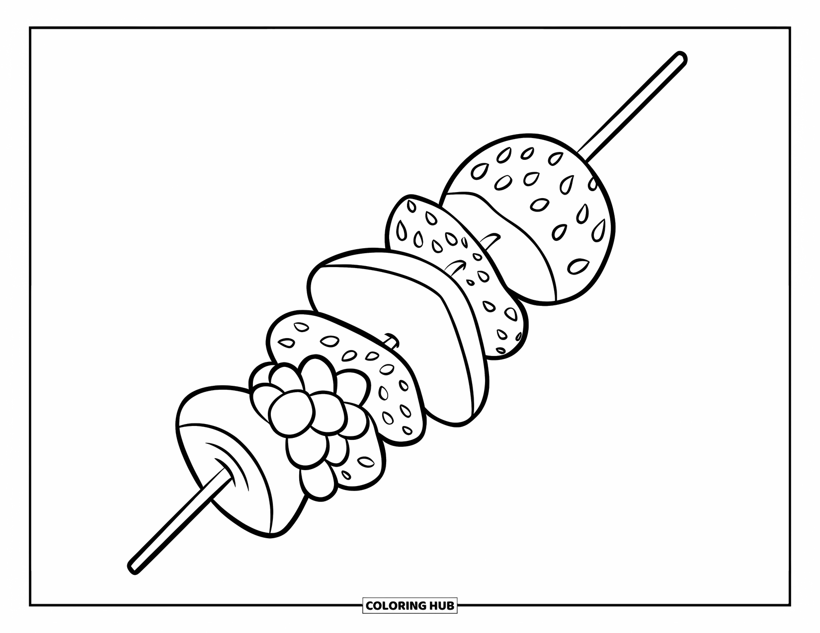 Nutrition Coloring Page for Kids: Juicy fruit pieces spiral around a stick for a tasty kabob